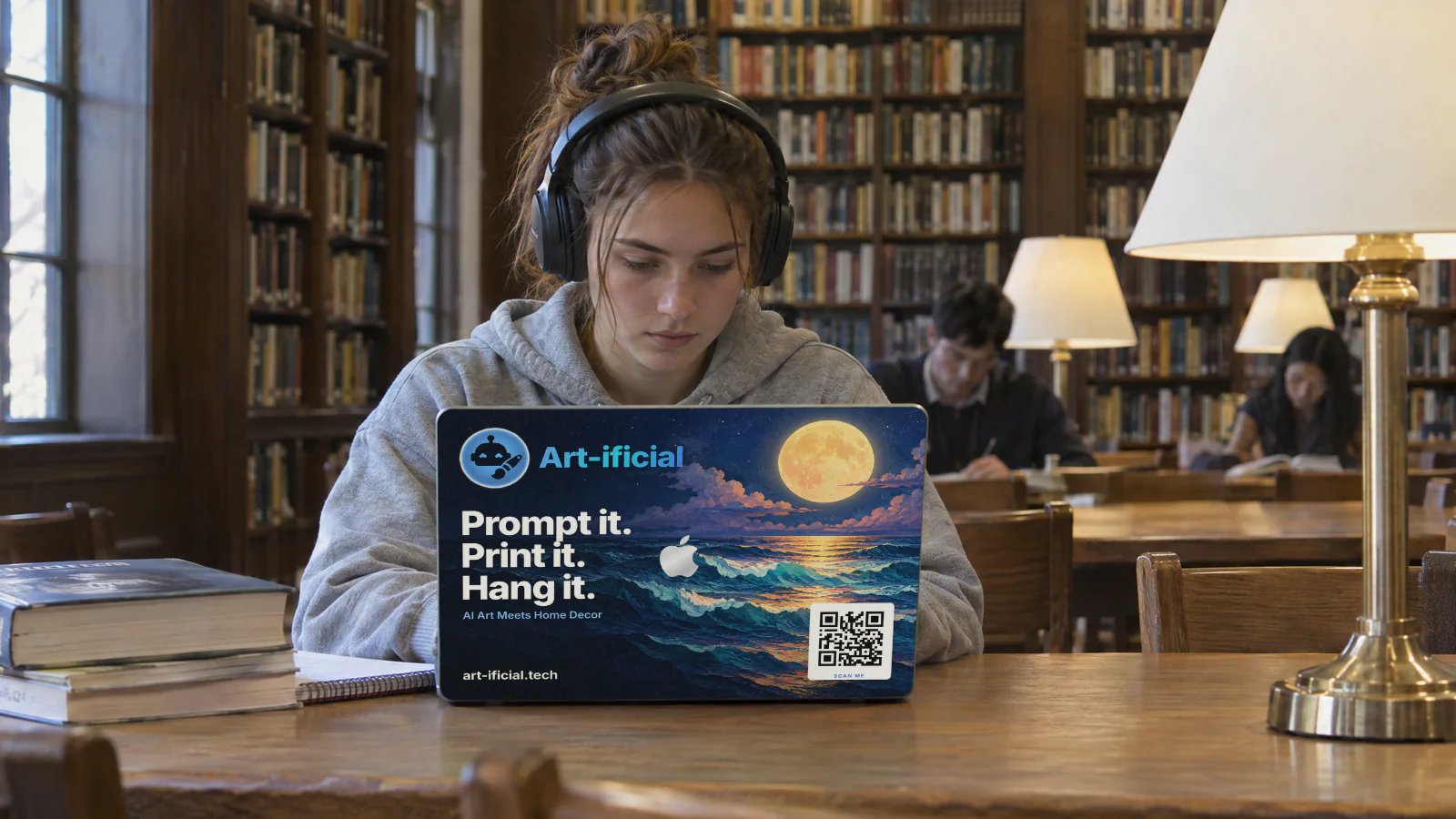 An Art-ificial ad skin on a laptop in a campus library.