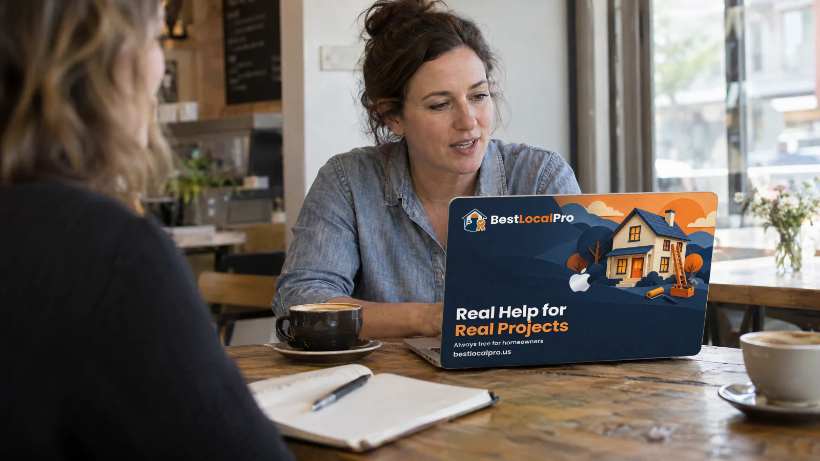 A Best Local Pro ad skin on a laptop at a client meeting.