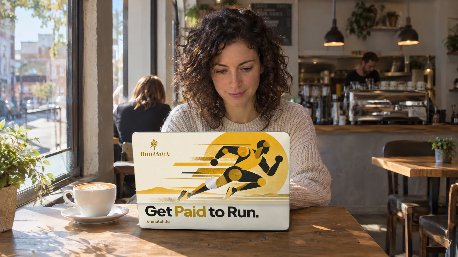 A RunMatch ad skin on a laptop in a coffee shop.