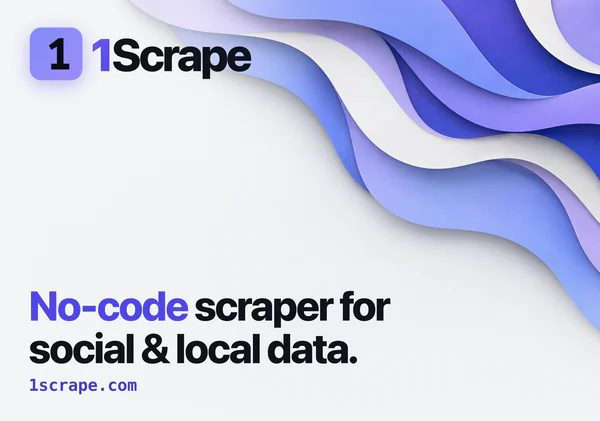 1Scrape laptop skin on light gray with layered periwinkle and lavender paper waves, the “1” app tile and 1Scrape wordmark, the headline “No-code scraper for social & local data.” and 1scrape.com.